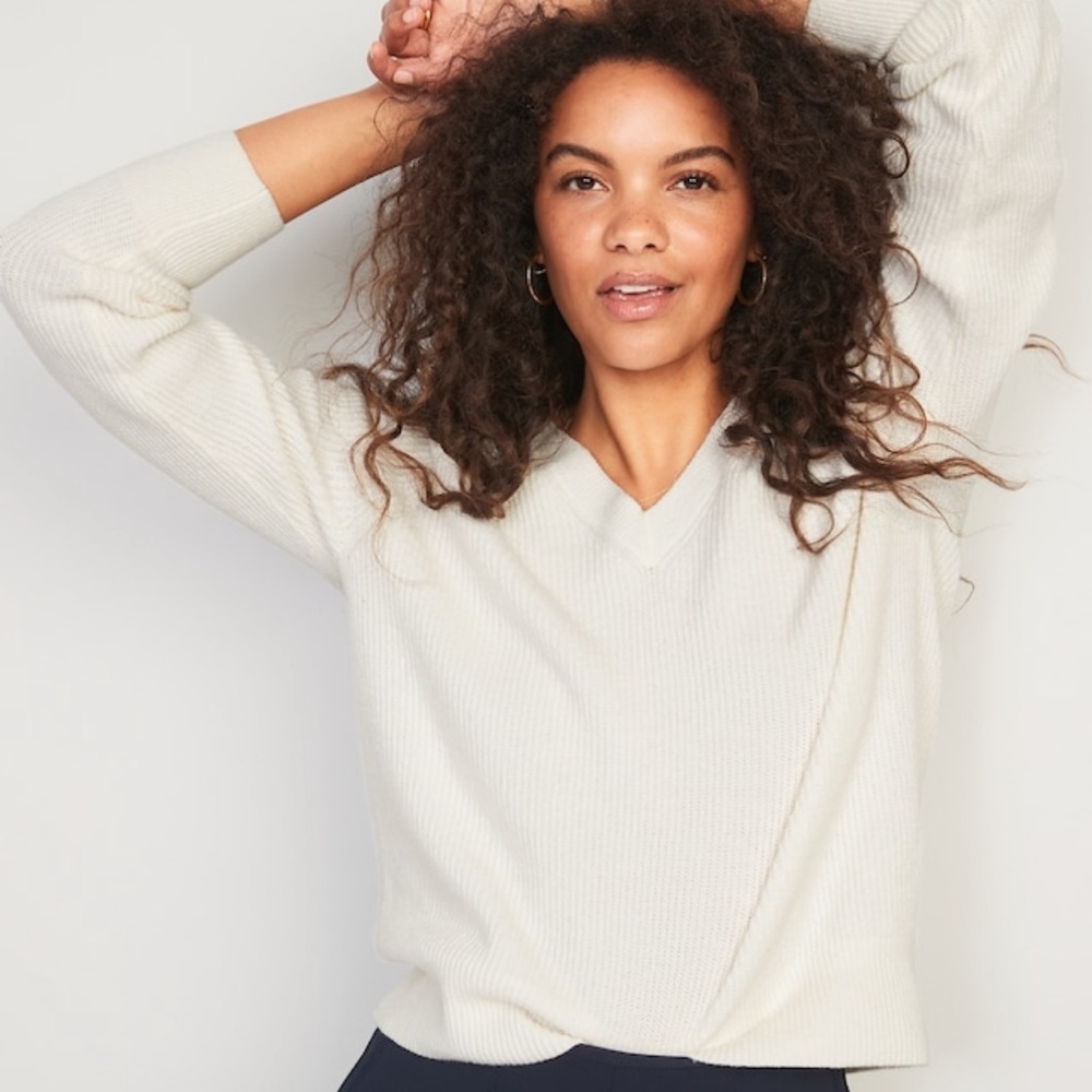 V-Neck Shaker-Stitch Cocoon Sweater for Women
